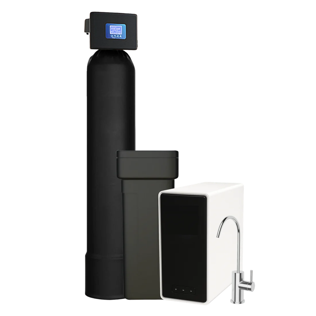 Wellbrook Complete Home Water System: whole-home softener and filtration tanks with an under-sink reverse-osmosis unit and faucet